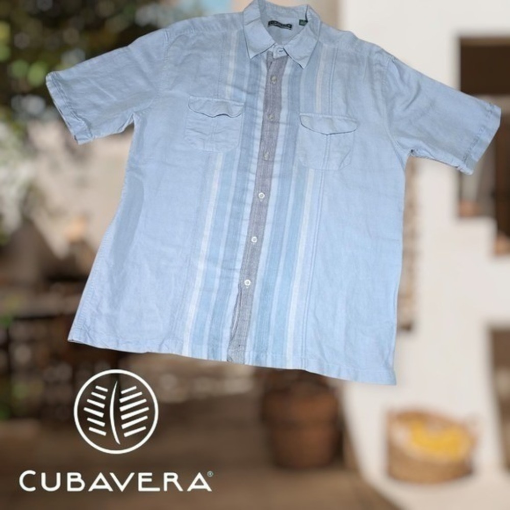 Cubavera Mens Linen Blend Vertical Stripe Guayabera Shirt‎ Blue L